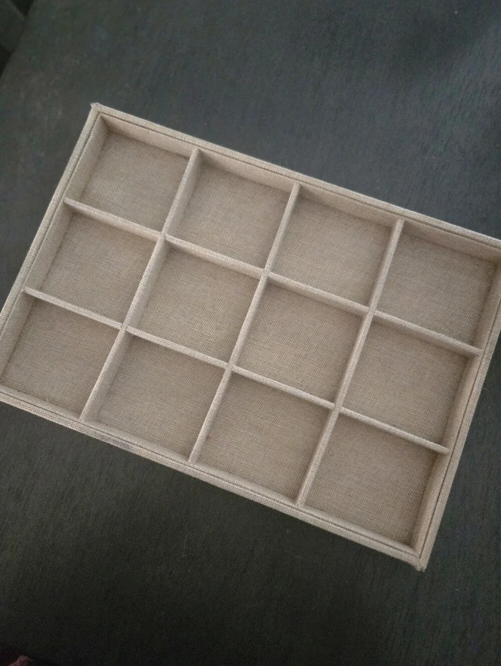 12 Compartment Burlap Linen Jewelry Organizer Display Storage Tray